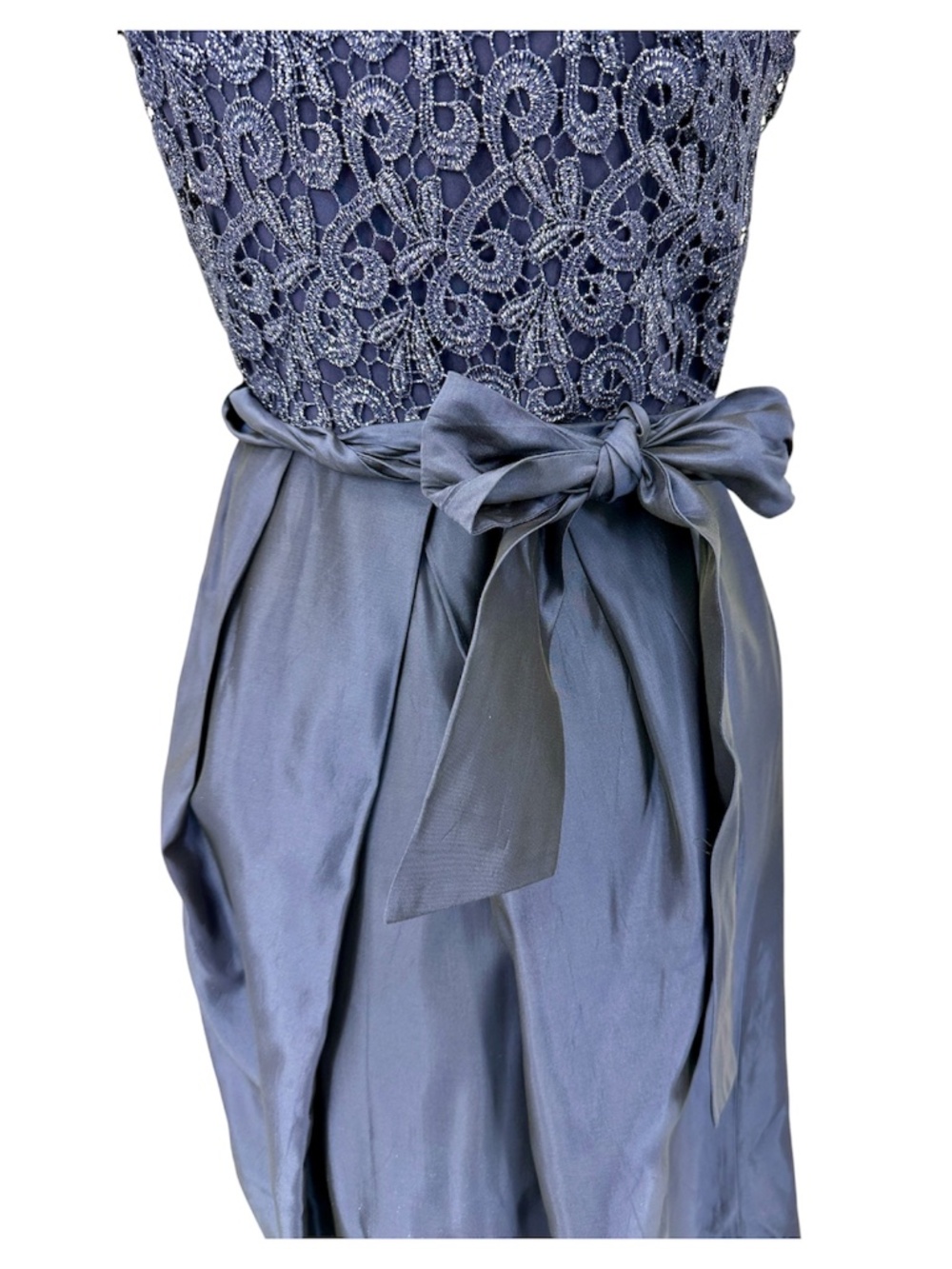 Suzi Chin for Maggy Boutique Navy Blue Lace & Taffeta Fit & Flare Cocktail Dress - Picture 3 of 10